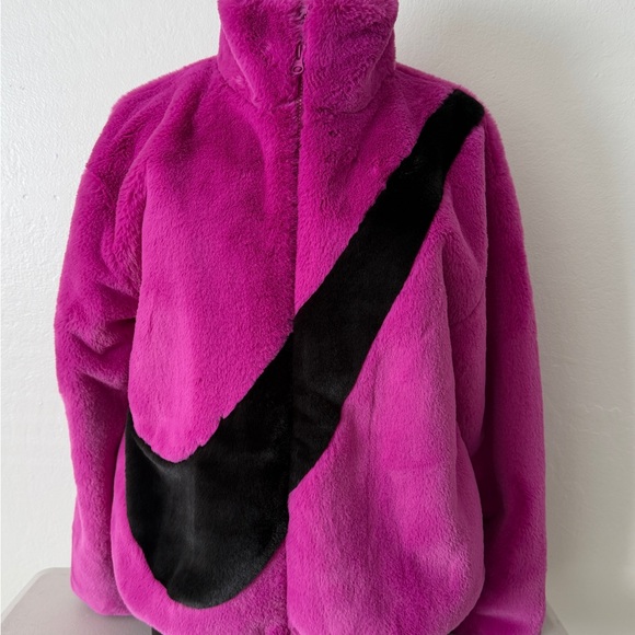 Nike Sportswear Faux Fur Swoosh Jacket Velvet Magenta and black
